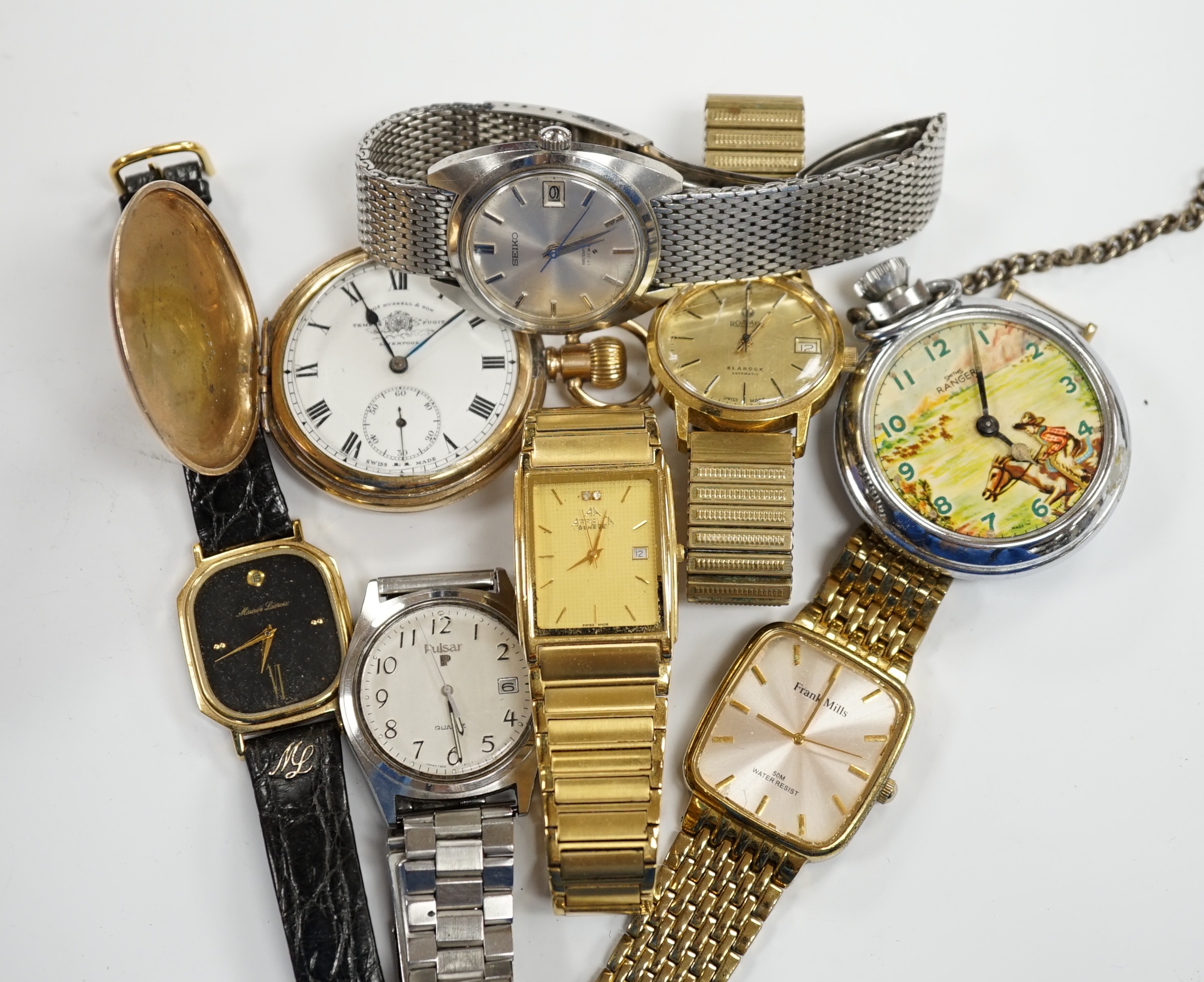 A small group of assorted wrist and pocket watches including a gold plated hunter and a Roamer Searock.
